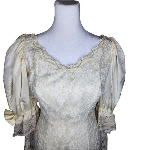 Vintage 80s Lace Wedding Dress Womens S White Bow Seed Pearls Mutton Sleeves Tru - Picture 2 of 13